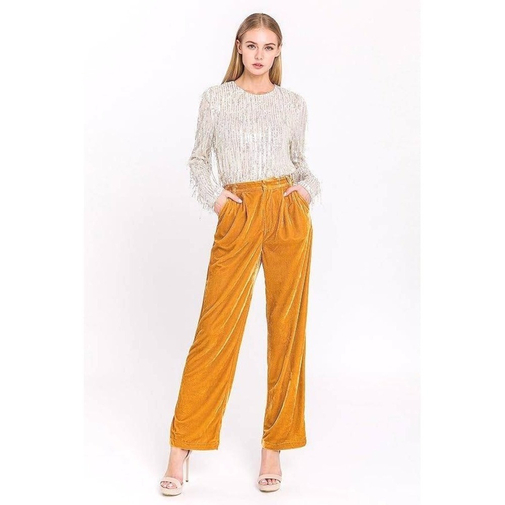 Endless Rose Mustard Gold Velvet Wide Leg Pleated Trousers Pants Womens Small